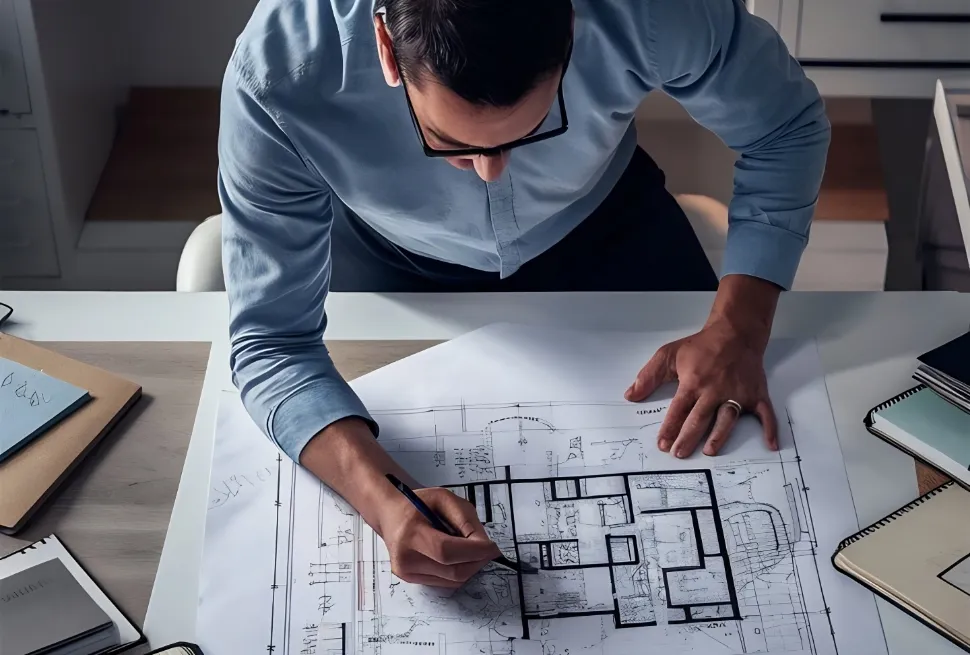 Profesional trabajando sobre planos